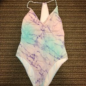 One piece, multi-color racerback swimsuit.